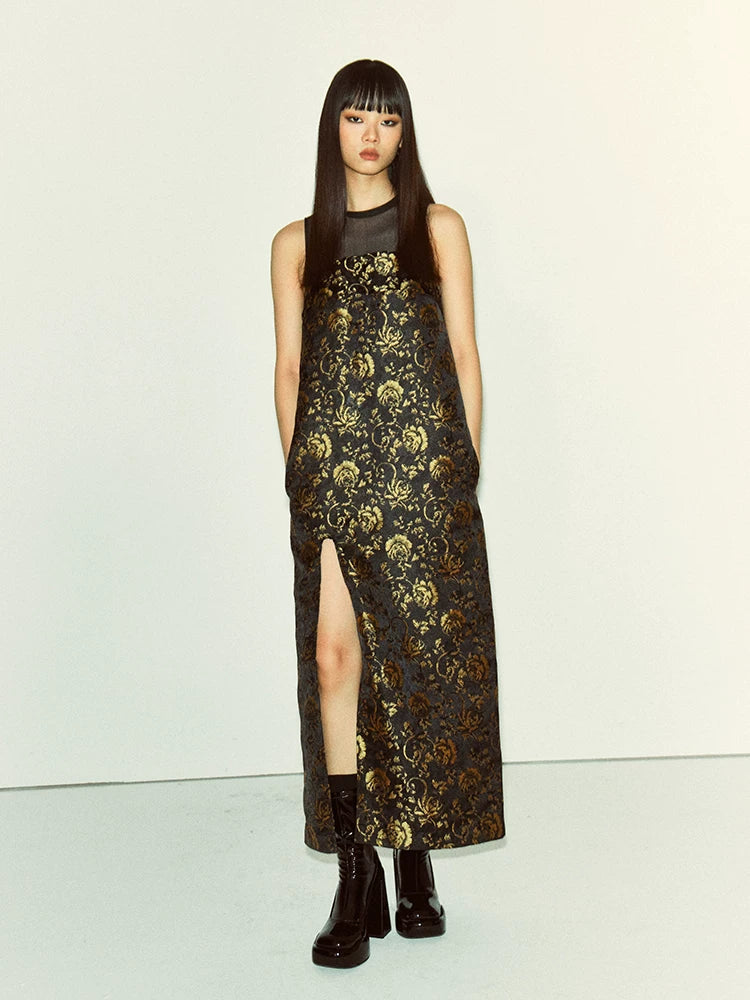 Abito jacquard a rose nero e oro - vista 5