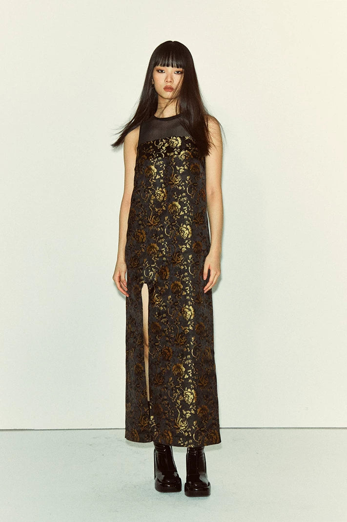 Abito jacquard a rose nero e oro - Nero e oro