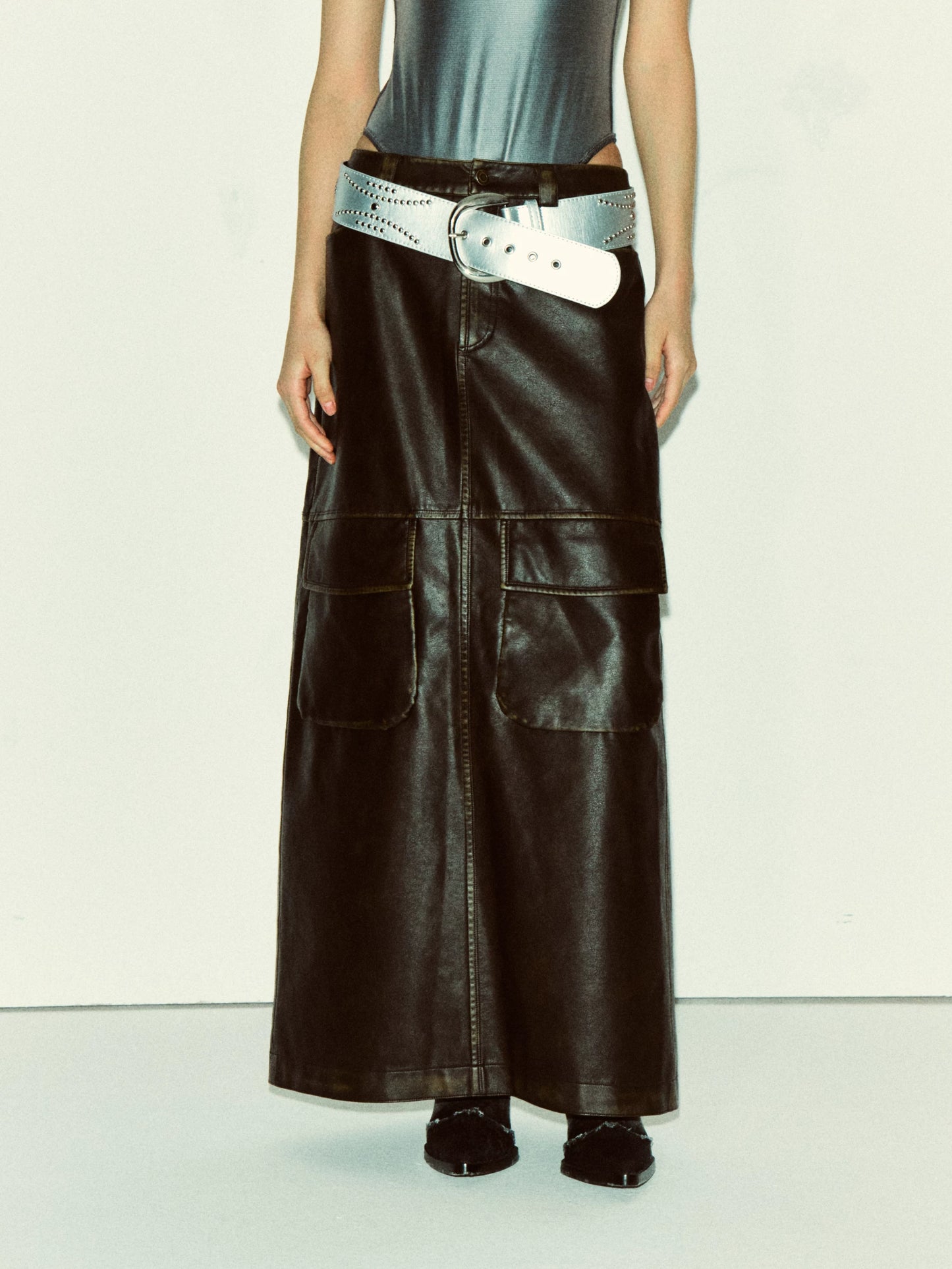 Maxirock aus Faux-Leder im Used-Look - Dunkelbraun