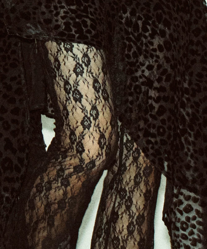 Lace & Wave-Texture Flared Pants - Black Lace