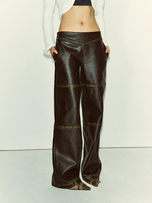Distressed Faux Leather Straight-Leg Pants