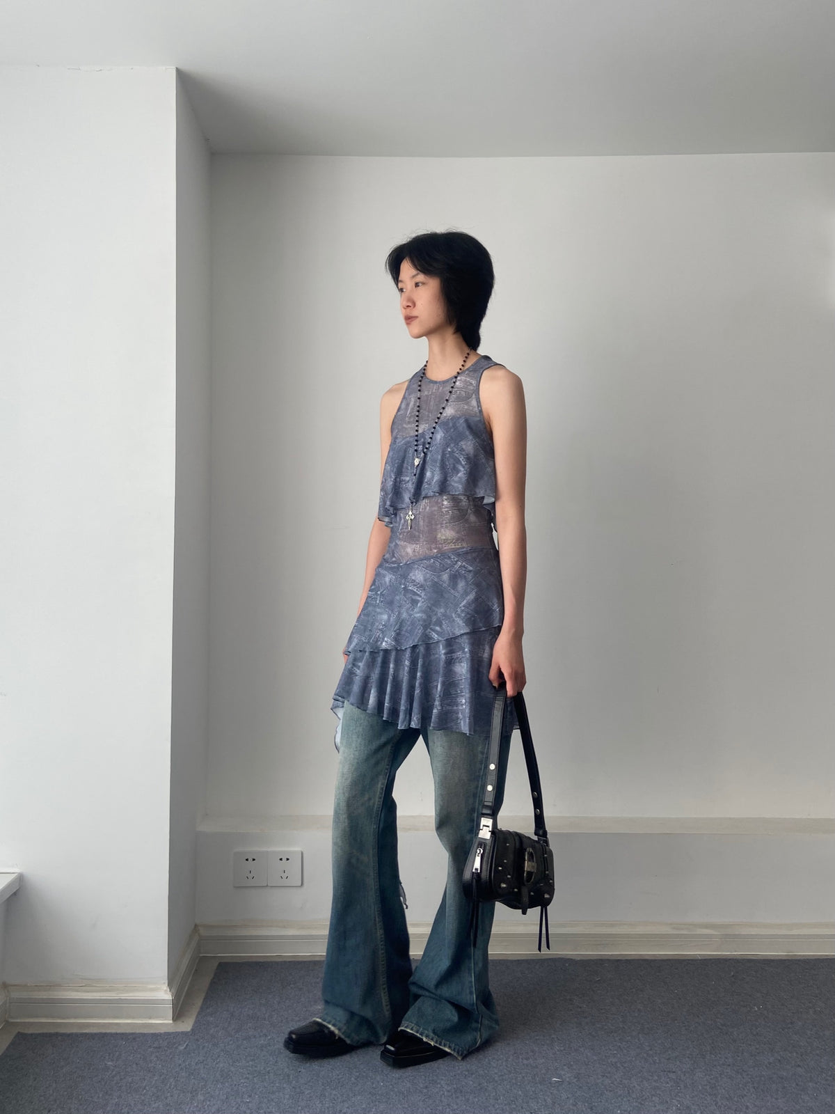 Denim Print Mesh Dress — Worn by Should I