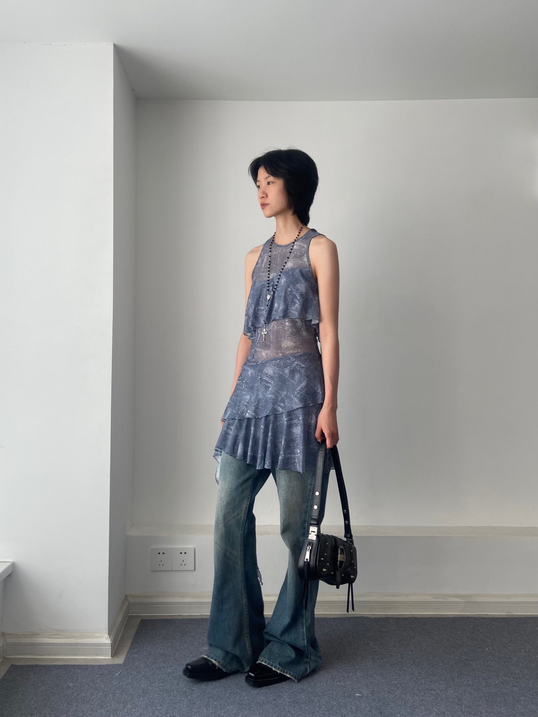 Denim Print Mesh Dress — Worn by Should I