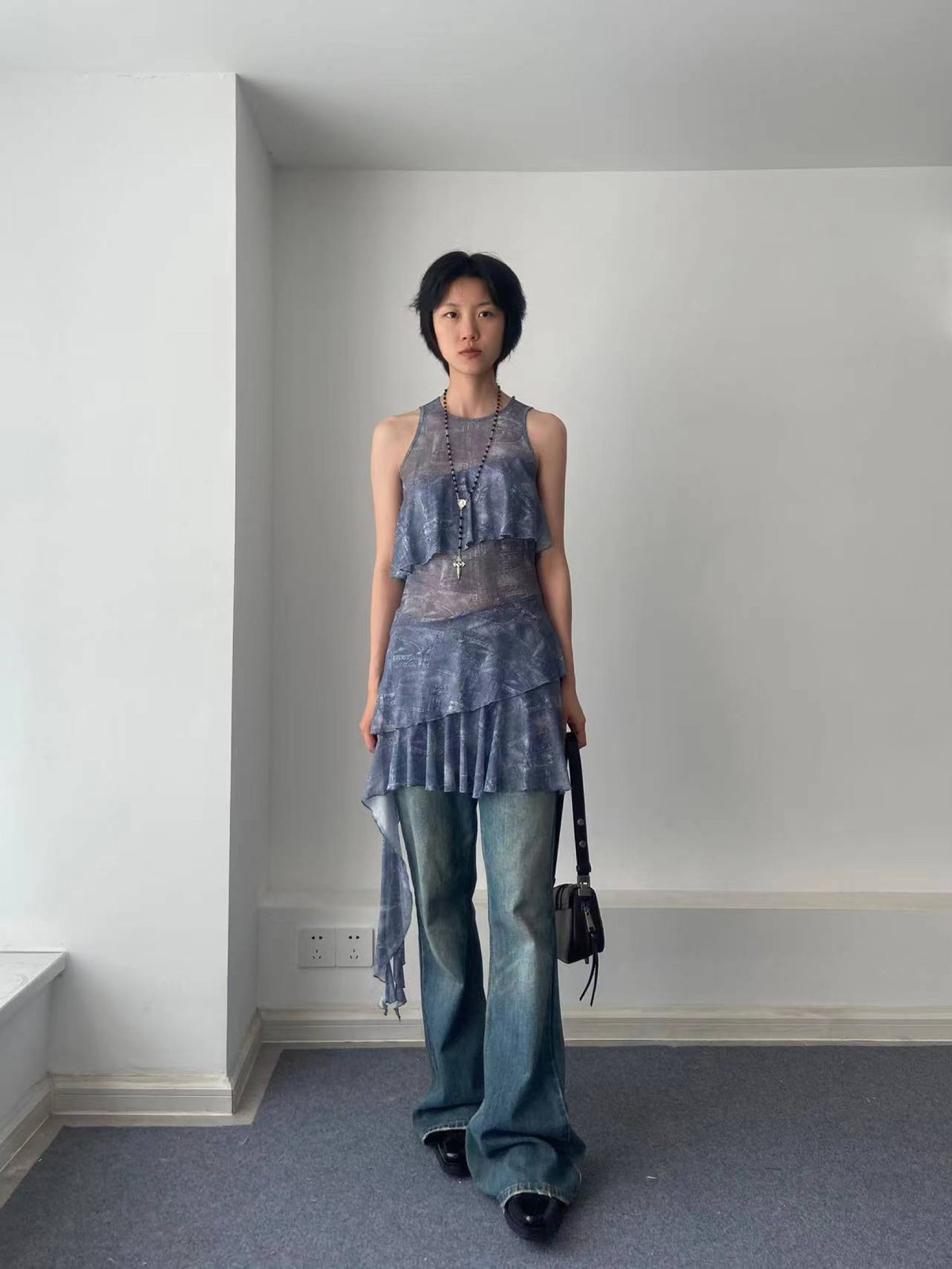 Denim Print Mesh Dress — Worn by Should I