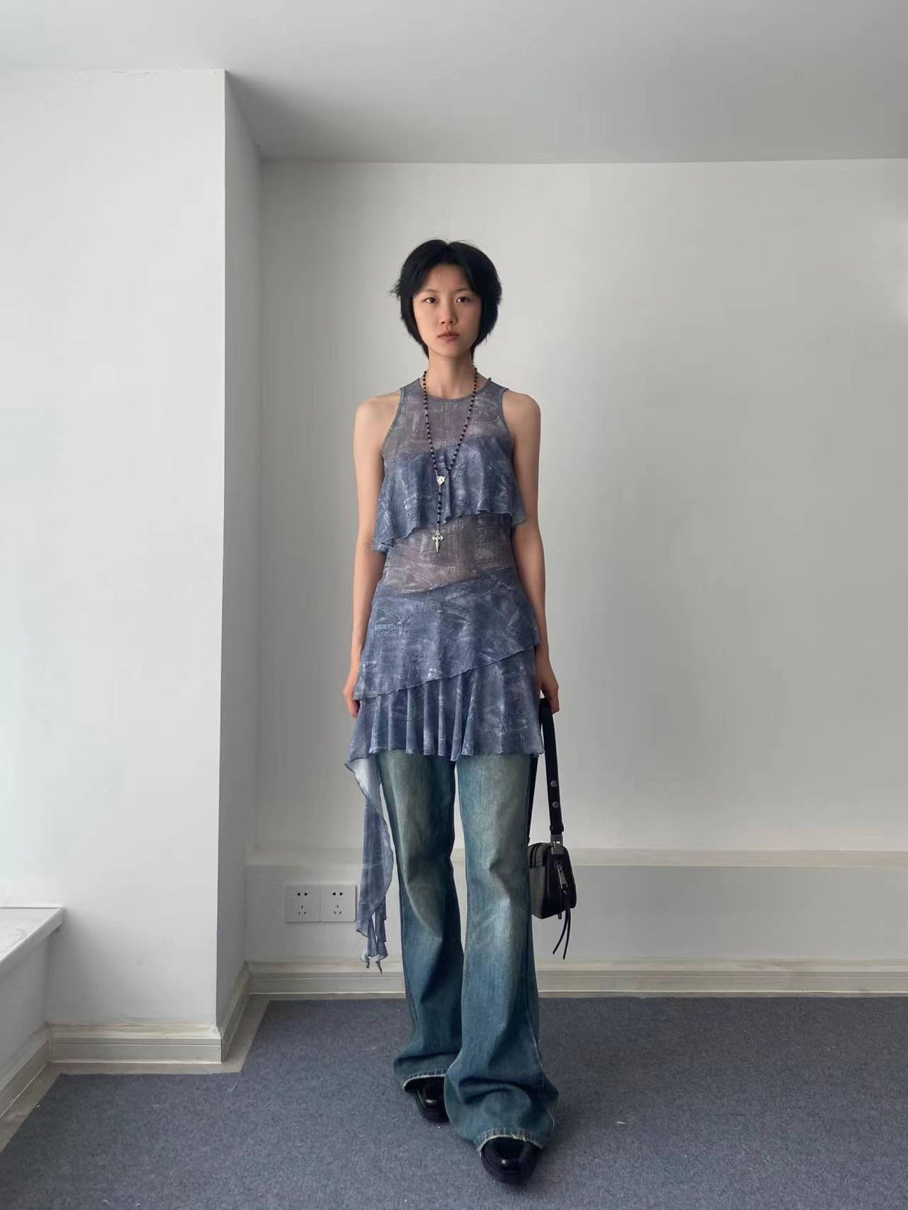 Denim Print Mesh Dress — Worn by Should I