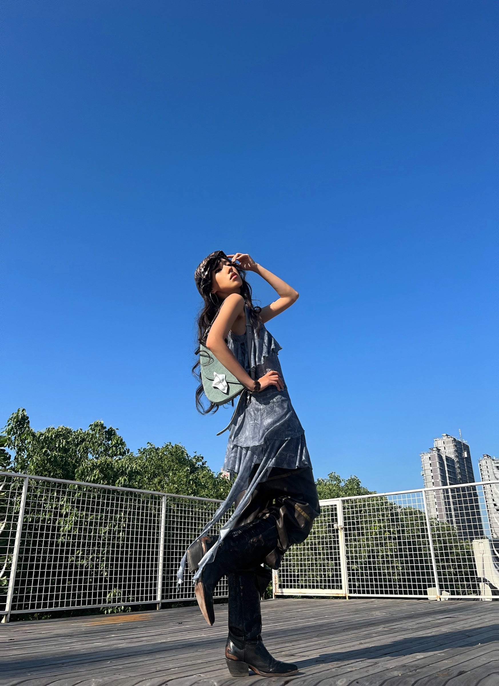 Denim Print Mesh Dress — Worn by Should I