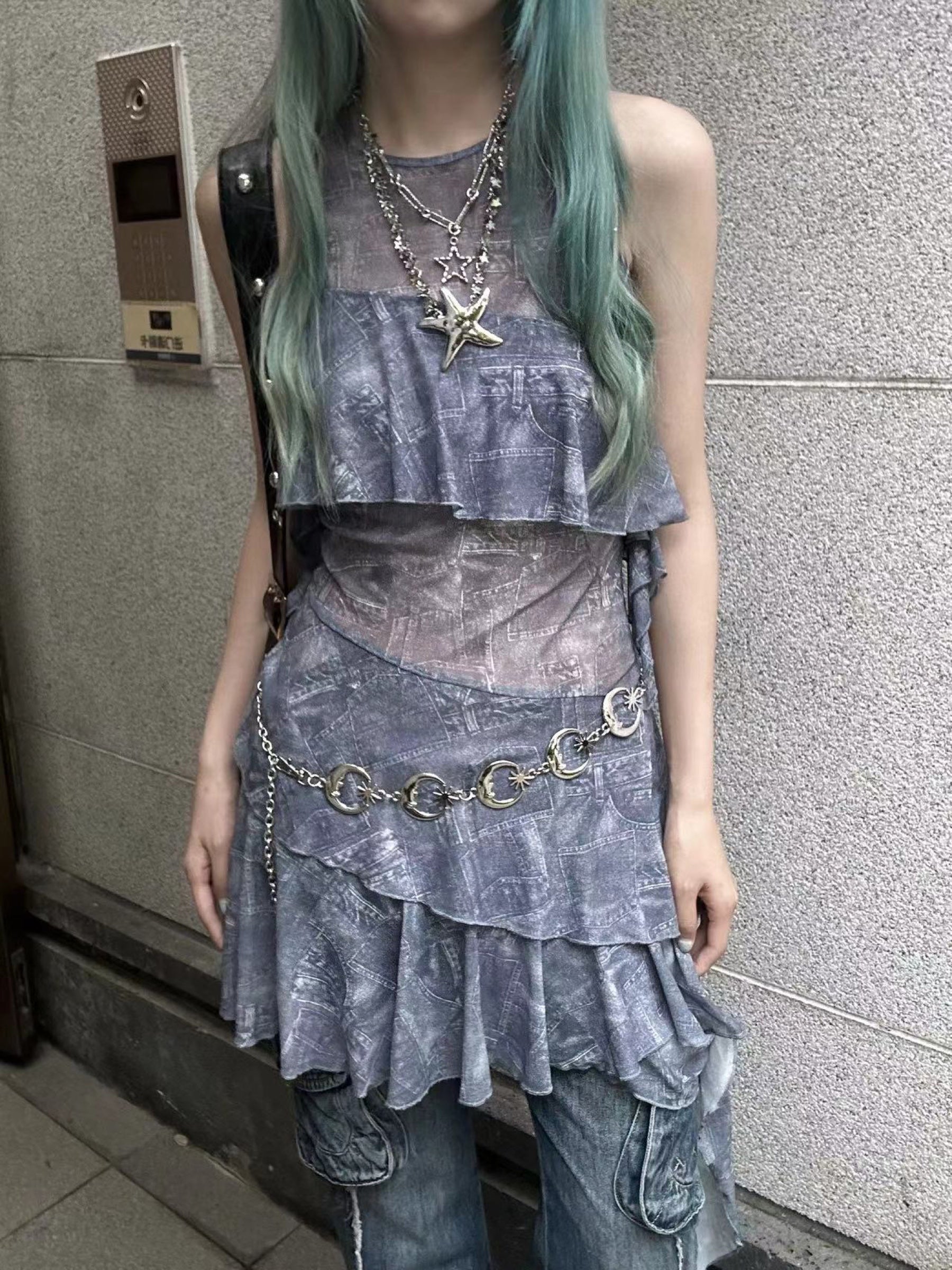 Denim Print Mesh Dress — Worn by Should I