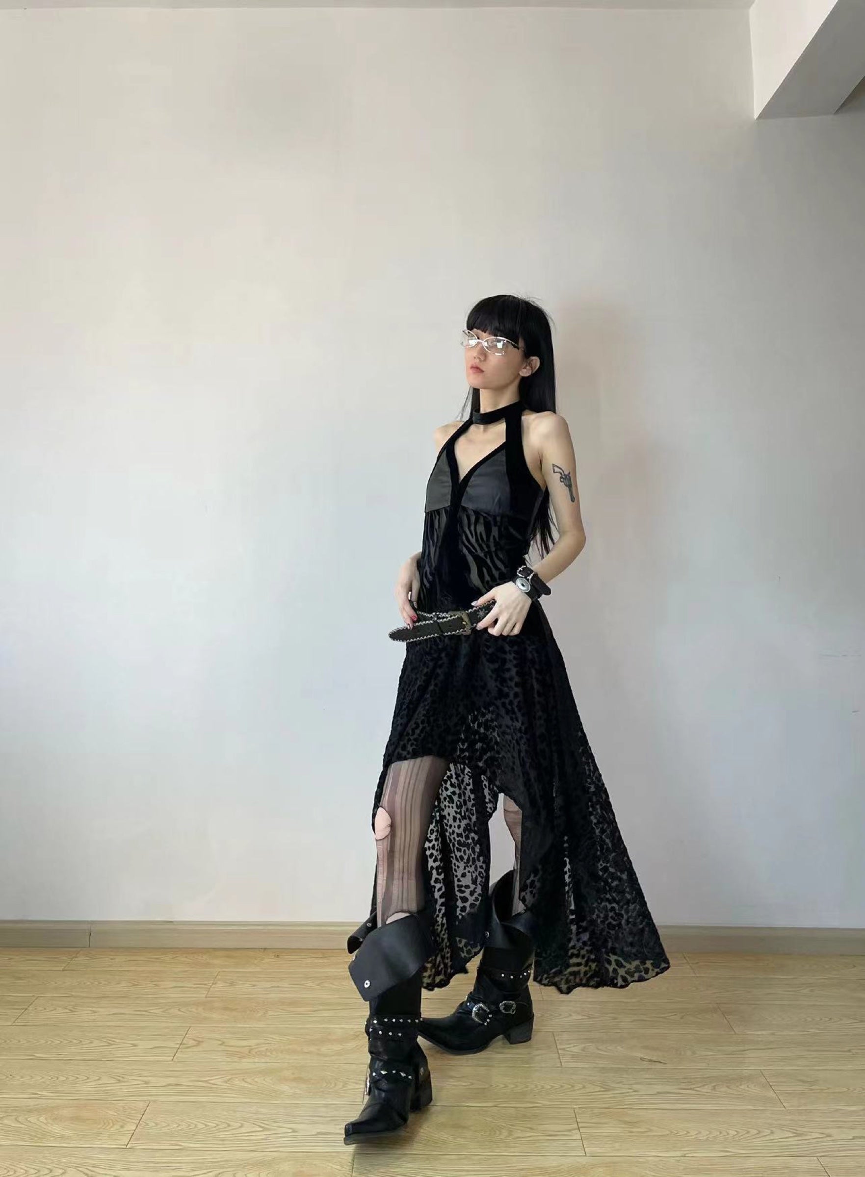 Velvet & Faux Leather Halter Dress — Worn by Should I